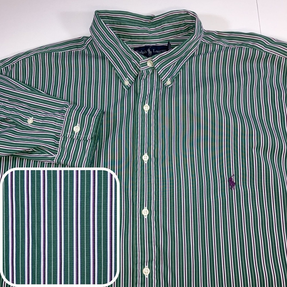 Polo Ralph Lauren Shirt Mens 2XLT Green Purple Striped Button Down Classic Fit
